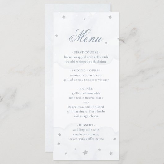 Twinkle Little Star Blue Grey Elegant Baby shower Menu (Voorkant / Achterkant)