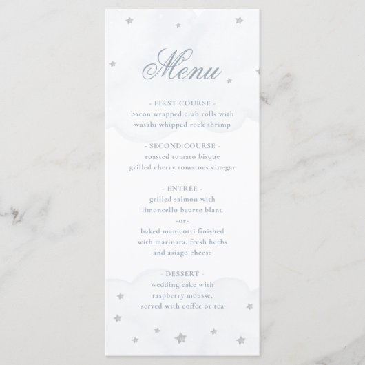 Twinkle Little Star Blue Grey Elegant Baby shower Menu (Voorkant)