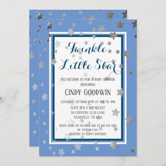 Twinkle Little Star Blue Silver Stars Baby shower Kaart (Voorkant / Achterkant)