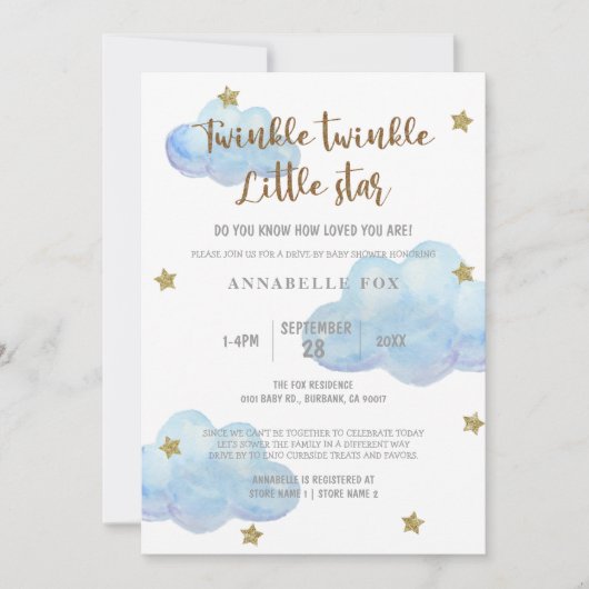 Twinkle Little Star Blue Waterverf Baby shower in Kaart (Voorkant)
