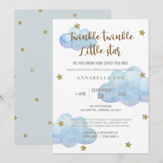 Twinkle Little Star Blue Waterverf Baby shower in Kaart (Voorkant / Achterkant)