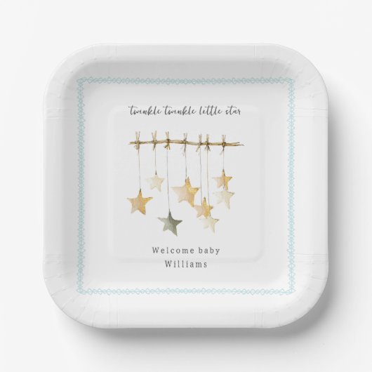 Twinkle Little Star Boho Blue Boy Baby Shower Papieren Bordje (Voorkant)