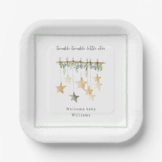 Twinkle Little Star Boho Botanical Baby Shower Papieren Bordje (Voorkant)