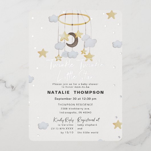 Twinkle Little Star Boy Blue Baby shower Silver Folie Uitnodiging (Voorkant)