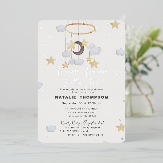 Twinkle Little Star Boy Blue Baby shower Silver Folie Uitnodiging (Staand Voorkant)