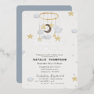 Twinkle Little Star Boy Blue Baby Shower Zilver Folie Uitnodiging