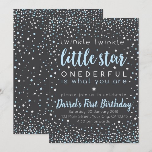 Twinkle Little Star Boy First Birthday Invitation Kaart (Voorkant / Achterkant)