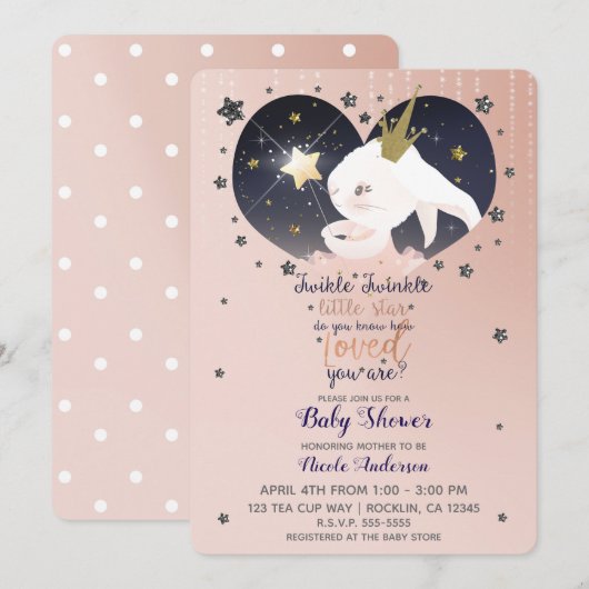 Twinkle Little Star Bunny Rabbit Peach Baby shower Kaart (Voorkant / Achterkant)