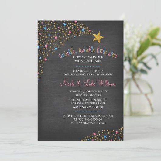 Twinkle Little Star Chalkboard Gender Rekalpartij Kaart (Staand voorkant)