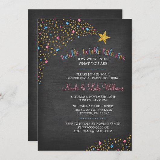 Twinkle Little Star Chalkboard Gender Rekalpartij Kaart (Voorkant / Achterkant)