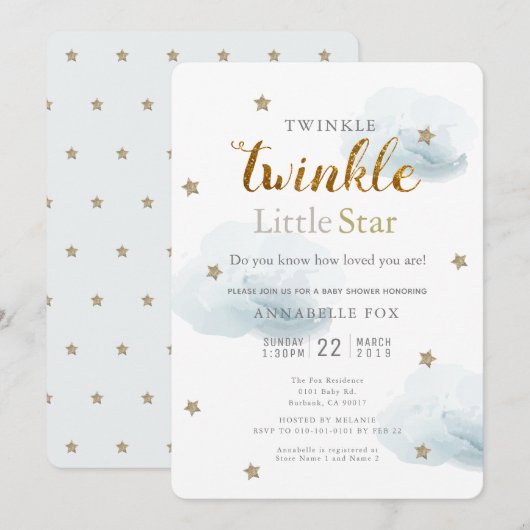 Twinkle Little Star & Cloud Baby shower Invitation Kaart (Voorkant / Achterkant)