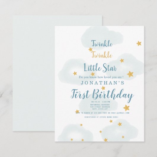 Twinkle Little Star & Cloud Baby shower Invitation Notitiekaartje (Voorkant / Achterkant)
