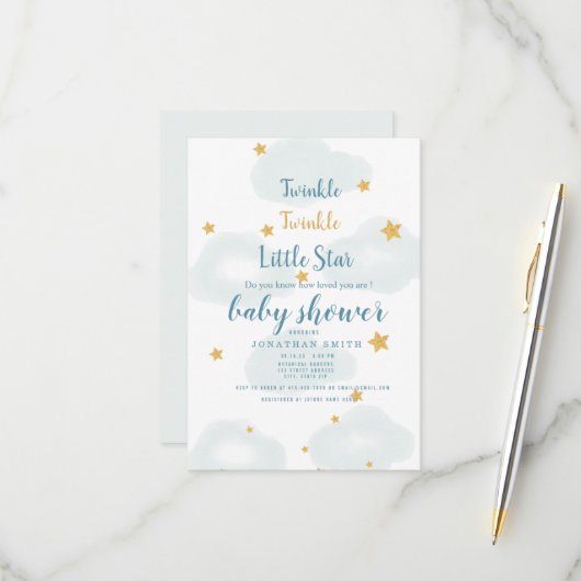 Twinkle Little Star & Cloud Baby shower Invitation RSVP Kaartje (Voorkant / Achterkant in situ)