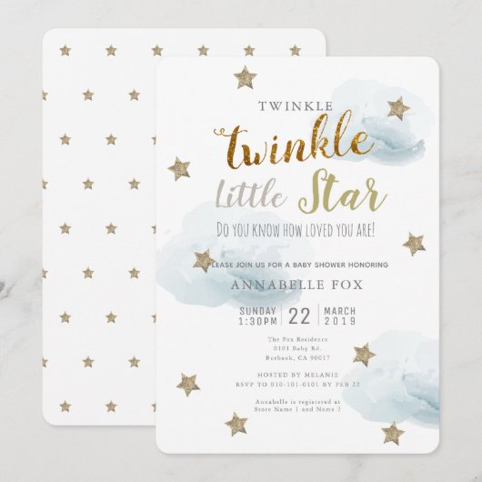 Twinkle Little Star & Cloud Baby Shower Uitnodigin Kaart (Voorkant / Achterkant)
