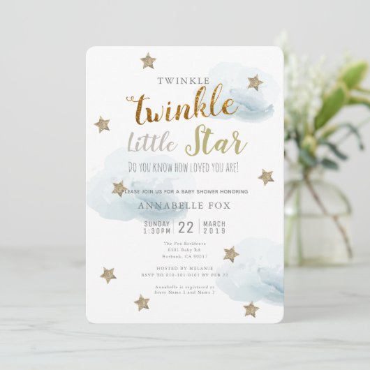 Twinkle Little Star & Cloud Baby Shower Uitnodigin Kaart (Staand voorkant)