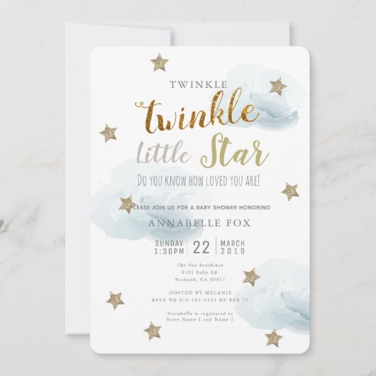 Twinkle Little Star & Cloud Baby Shower Uitnodigin Kaart (Voorkant)