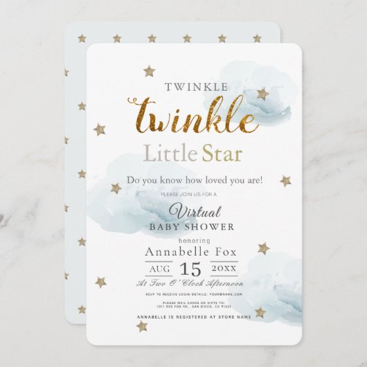 Twinkle Little Star Cloud Blue Virtual Baby shower Kaart (Voorkant / Achterkant)