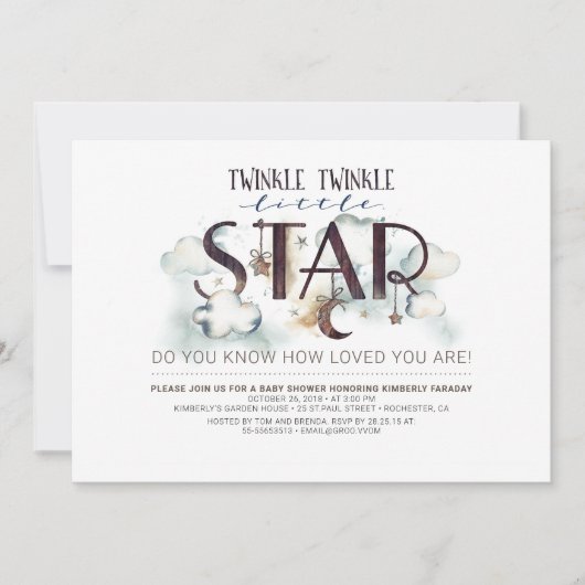 Twinkle Little Star Clouds Baby shower Invitation Kaart (Voorkant)