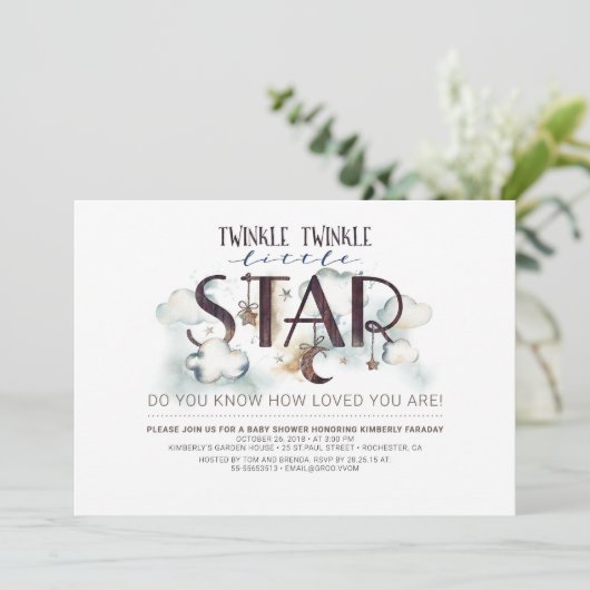 Twinkle Little Star Clouds Baby shower Invitation Kaart (Staand voorkant)
