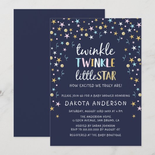 Twinkle Little Star Confetti & Blue Baby shower Kaart (Voorkant / Achterkant)