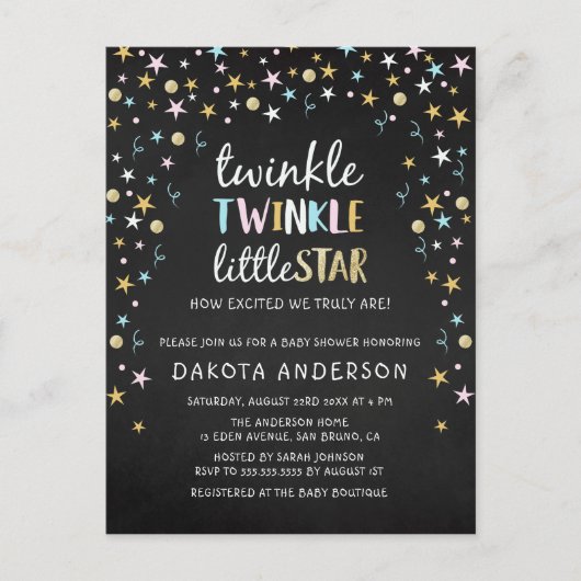 Twinkle Little Star Confetti & Chalk Baby shower Uitnodiging Briefkaart (Voorkant)