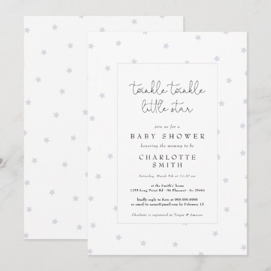 Twinkle Little Star Dusty Blue Elegant Baby shower Kaart (Voorkant / Achterkant)