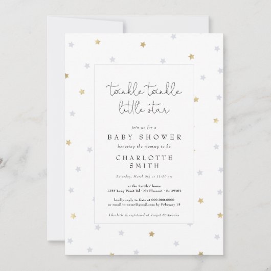 Twinkle Little Star Elegant Baby shower Grey Gold Kaart (Voorkant)