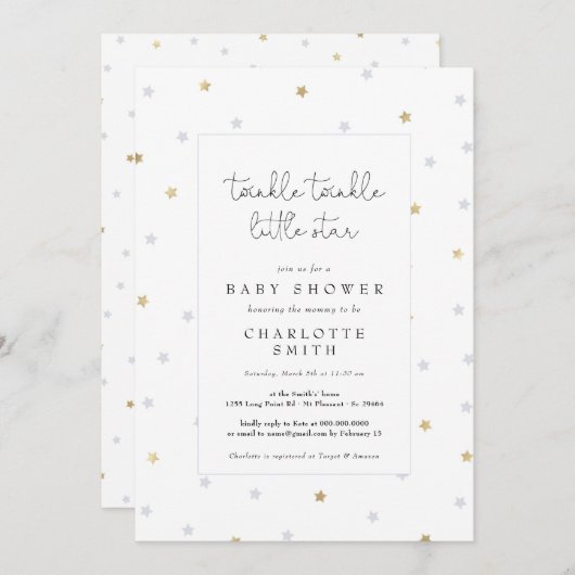 Twinkle Little Star Elegant Baby shower Grey Gold Kaart (Voorkant / Achterkant)