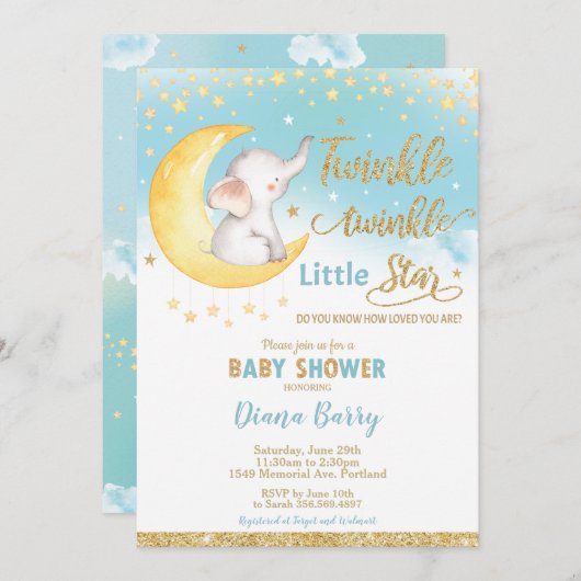 Twinkle Little Star Elephant Baby shower Boy Kaart (Voorkant / Achterkant)