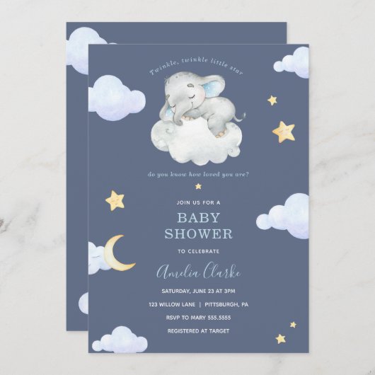 Twinkle Little Star Elephant Baby shower Kaart (Voorkant / Achterkant)