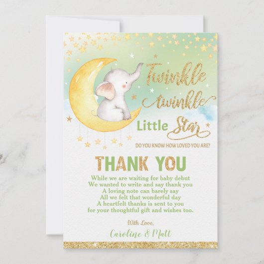 Twinkle Little Star Elephant Baby shower Neutraal Bedankkaart (Voorkant)