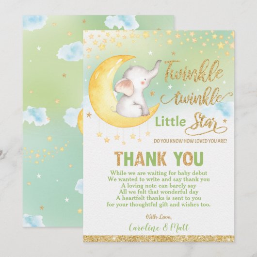 Twinkle Little Star Elephant Baby shower Neutraal Bedankkaart (Voorkant / Achterkant)