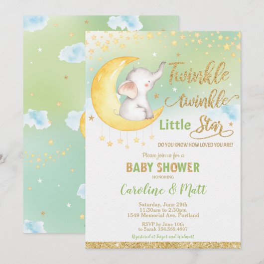 Twinkle Little Star Elephant Baby shower Neutraal Kaart (Voorkant / Achterkant)