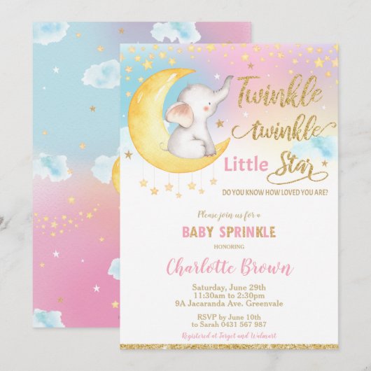 Twinkle Little Star Elephant Baby Sprinkle Girl Kaart (Voorkant / Achterkant)