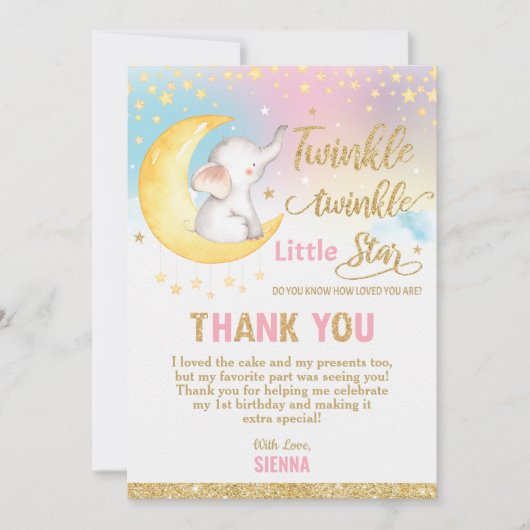 Twinkle Little Star Elephant Birthday Party Bedankkaart (Voorkant)