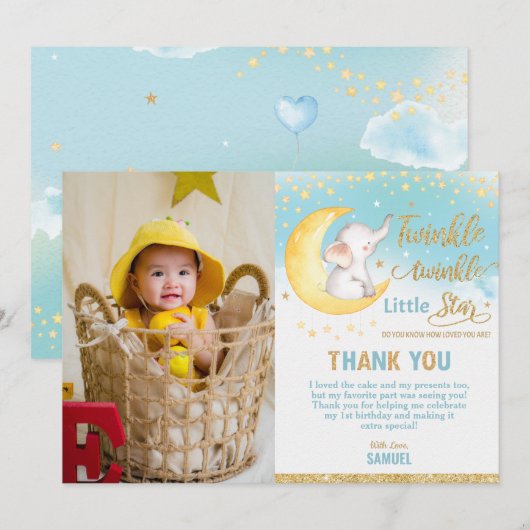 Twinkle Little Star Elephant Birthday Party Boy Bedankkaart (Voorkant / Achterkant)
