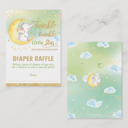 Twinkle Little Star Elephant Neutral Diaper Raffle Informatiekaartje (Voorkant / Achterkant)