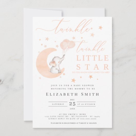 Twinkle Little Star Elephant Peach Baby shower Kaart (Voorkant)