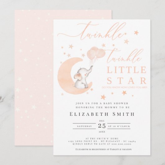 Twinkle Little Star Elephant Peach Baby shower Kaart (Voorkant / Achterkant)