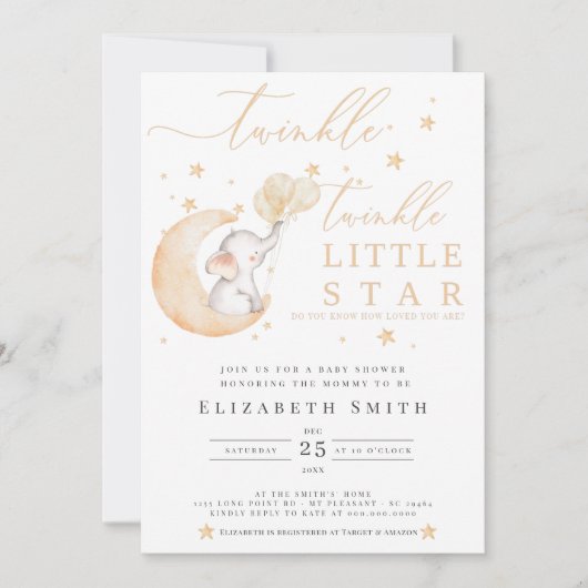 Twinkle Little Star Elephant Yellow Baby shower Kaart (Voorkant)