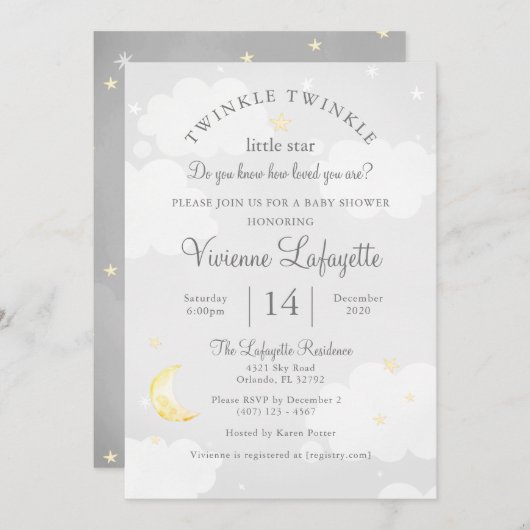 Twinkle Little Star en Moon Grey Baby shower Kaart (Voorkant / Achterkant)