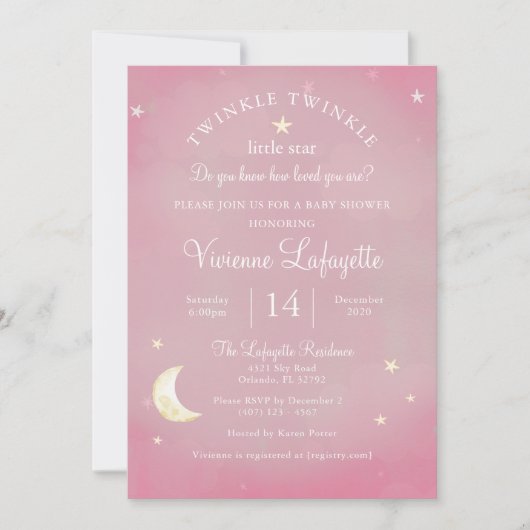 Twinkle Little Star en Moon Pink Baby shower Kaart (Voorkant)
