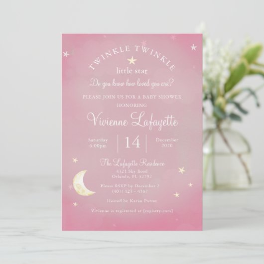Twinkle Little Star en Moon Pink Baby shower Kaart (Staand voorkant)