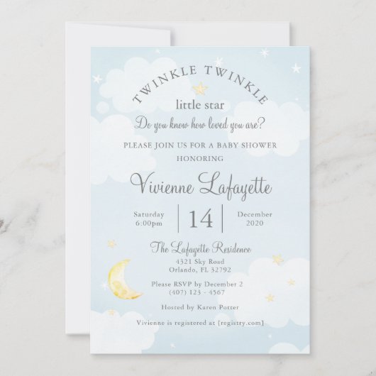 Twinkle Little Star en Moon Sky Blue Baby shower Kaart (Voorkant)