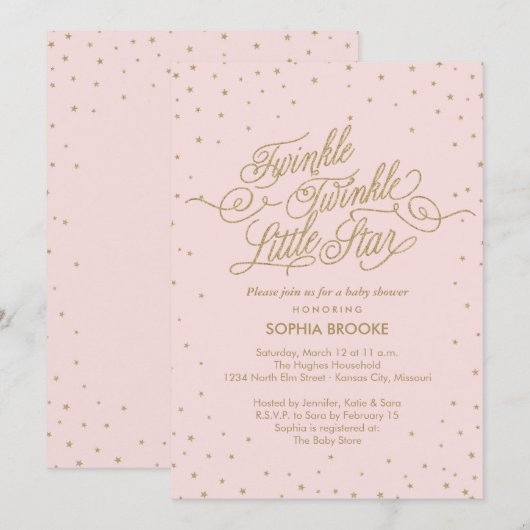 Twinkle Little Star Fancy Gold & Roze Baby shower Kaart (Voorkant / Achterkant)