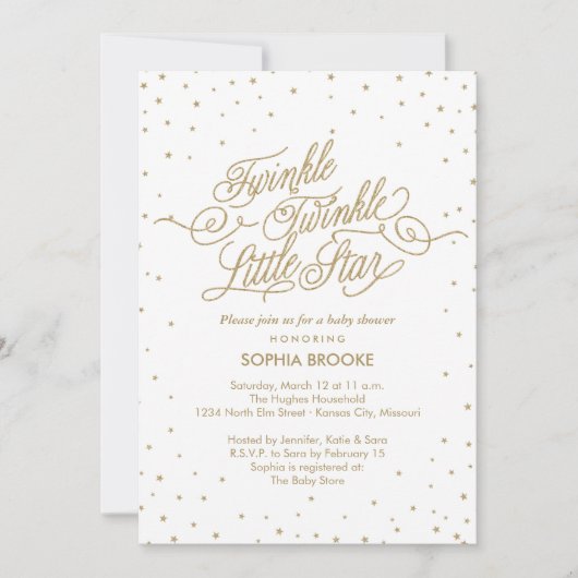 Twinkle Little Star Fancy Gold & White Baby shower Kaart (Voorkant)