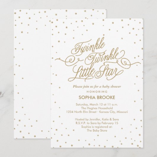 Twinkle Little Star Fancy Gold & White Baby shower Kaart (Voorkant / Achterkant)