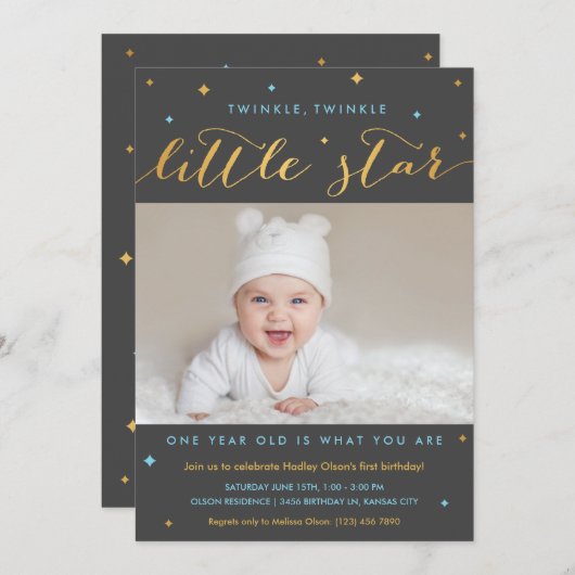 Twinkle Little Star First Birthday Invitation Boy Kaart (Voorkant / Achterkant)