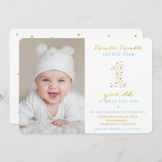 Twinkle Little Star First Birthday Invitation Boy Kaart (Voorkant / Achterkant)