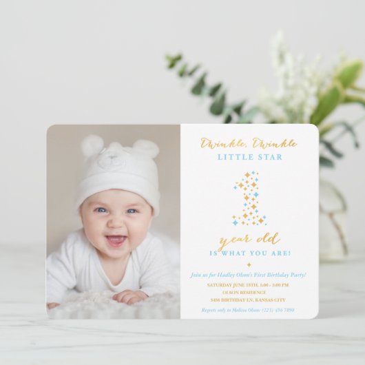 Twinkle Little Star First Birthday Invitation Boy Kaart (Staand voorkant)